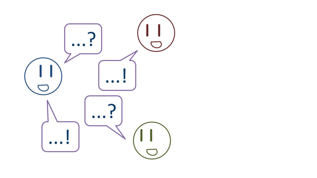 3 smiley faces in abstract conversation. S1: "...?" S2: "...!" S3: "...?" S1: "...!"