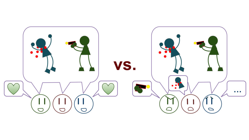 Three players in happy and mutual agreement about their characters violently murdering one another, vs three players in sad and angry conflict about their characters violently murdering one another.