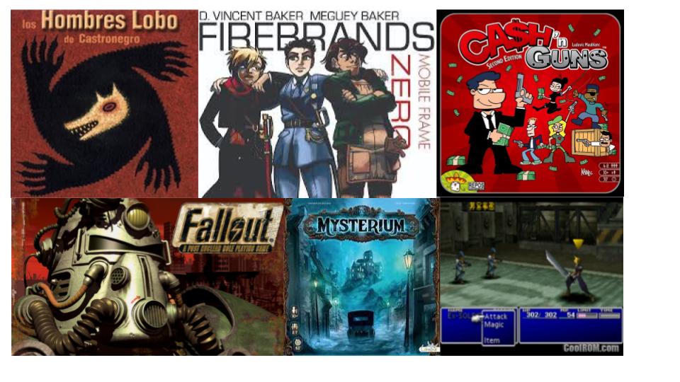 Game cover images:
Los Hombres Lobo de Castronegro
Mobile Frame Zero: Firebrands
Cash & Guns
Fallout
Mysterium
Final Fantasy 7