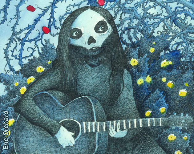 pen and ink guitar player with a half-mask, surrounged by winding roses