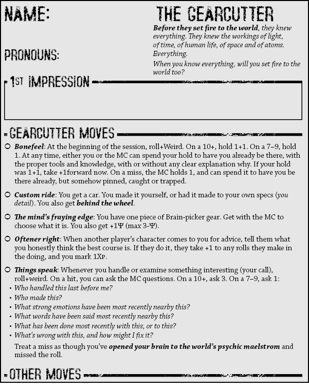 Screenshot: part of the Gearcutter playbook, showing its playbook moves, bonefeel, custom ride, the mind's fraying edge, etc. None of them are marked.