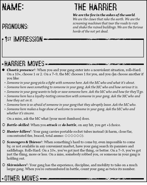 Screenshot: part of the Harrier playbook, showing its playbook moves, chaotic presence, battle-skilled, hunter-killers, etc. Chaotic presence is marked.