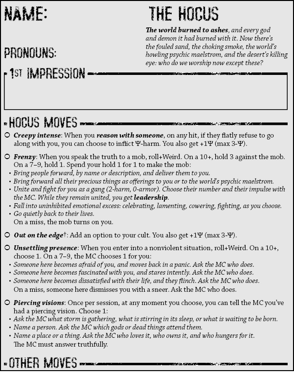 Screenshot: part of the Hocus playbook, showing its playbook moves, creepy intense, frenzy, out on the edge, etc. None of them are marked.